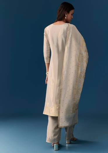 Beige Weave Kurta Set With Zardosi And Cut Dana Work