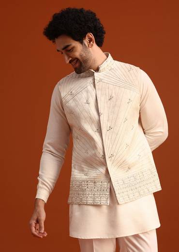 Beige Linen Silk Jacket Kurta And Jacket Set With Mirror Work