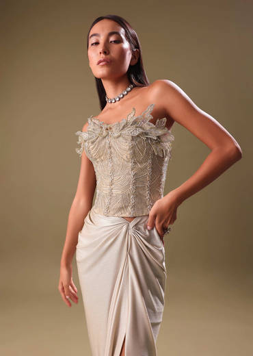 Beige Silver Draped Skirt With Embroidered Blouse