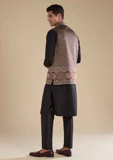 Black Ajrakh Print Mens Jacket Kurta and Pant Set