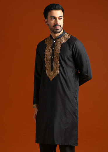 Black Banarasi Silk Kurta Set For Men With Heavy Hand Embroidery