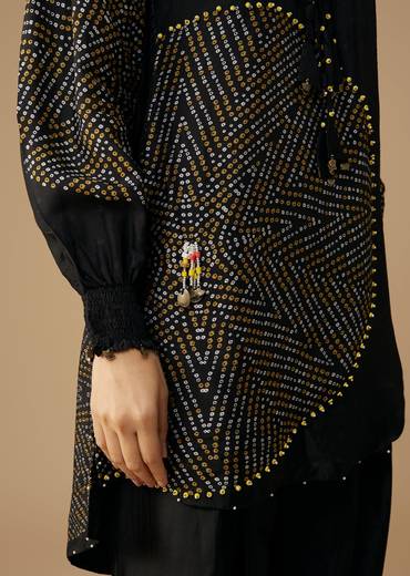 Black Bandhani Printed Silk Kurta Pant Set