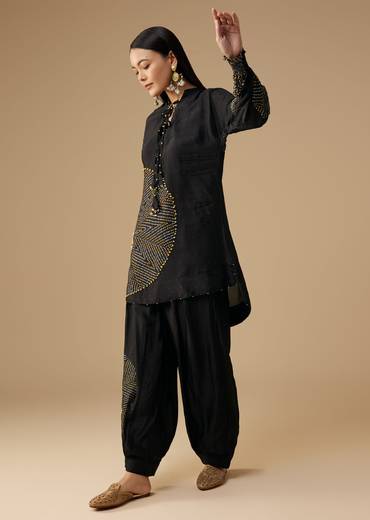 Black Bandhani Printed Silk Kurta Pant Set