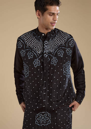 Black Bandhani Silk Mens Kurta and Pant Set