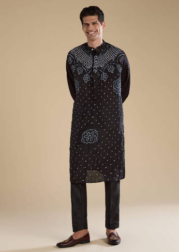 Black Bandhani Silk Mens Kurta and Pant Set