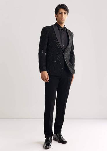 Black Beads And Sequin Embroidered Tuxedo Suit