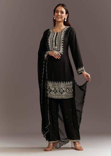 Black Beads And Sequins Work Kurta Set With Organza Dupatta