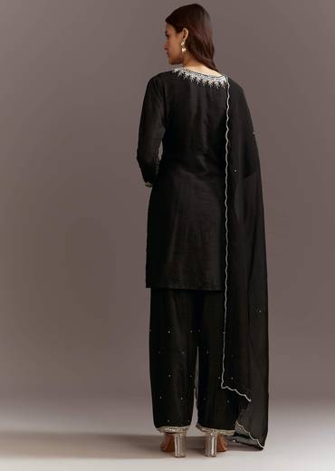 Black Beads And Sequins Work Kurta Set With Organza Dupatta
