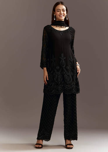 Black Beads Work Georgette Kurta With Fully Beaded Pant