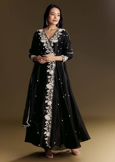 Black Chanderi Anarkali Suit With Moti And Sequins Work