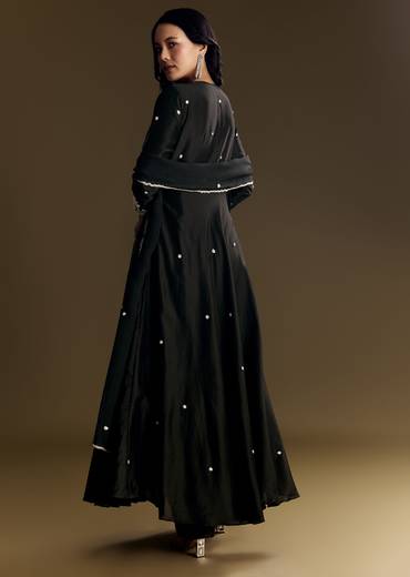 Black Chanderi Anarkali Suit With Moti And Sequins Work