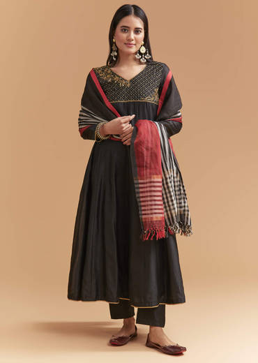 Black Chanderi Anarkali Suit With Zari And Sequins Embroidery