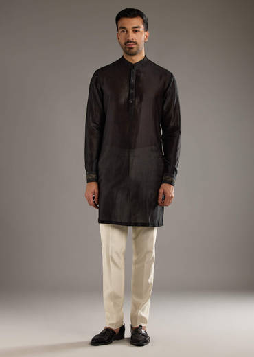 Black Chanderi Linen Kurta Jacket Set For Men With Dori Work