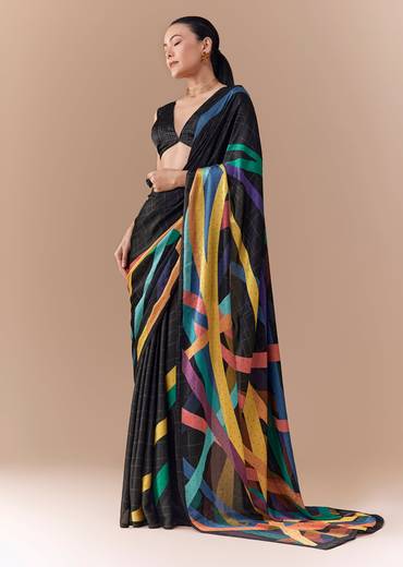 Black Checkered Printed Saree with Blouse Fabric