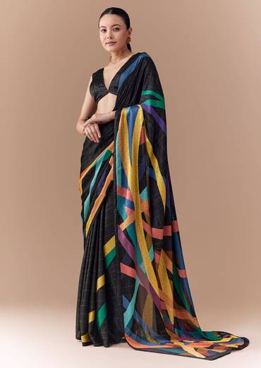 Black Checkered Printed Saree with Blouse Fabric