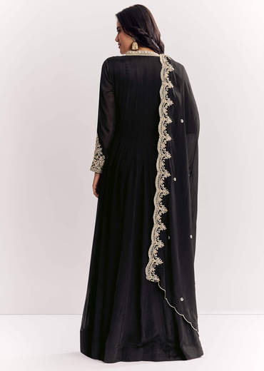 Black Chinon Anarkali Suit With Zardosi Work And Embroidered Dupatta