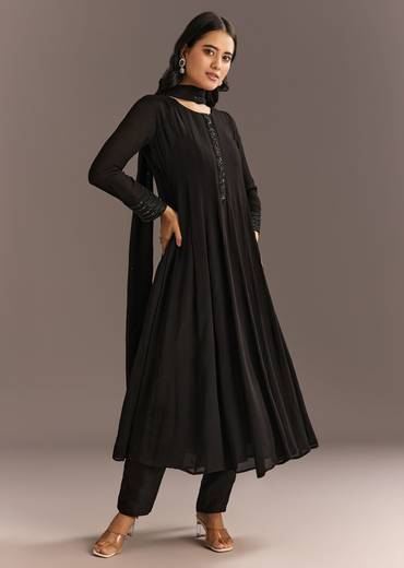 Black Chinon Beaded Sequin Anarkali Pant With Dupatta