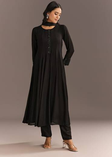 Black Chinon Beaded Sequin Anarkali Pant With Dupatta