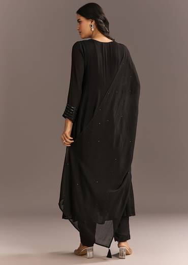 Black Chinon Beaded Sequin Anarkali Pant With Dupatta