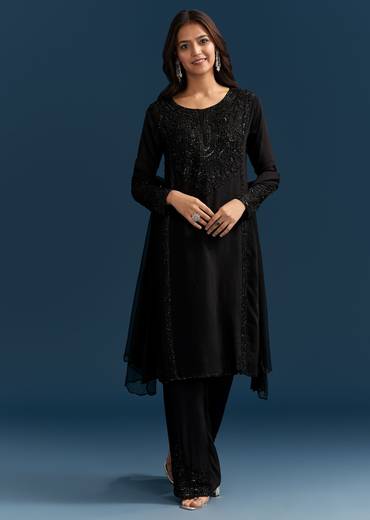 Black Chinon Kurta Set With Sequins And Cut Dana Work