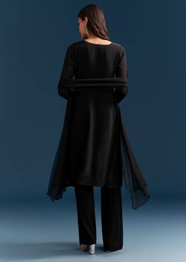 Black Chinon Kurta Set With Sequins And Cut Dana Work