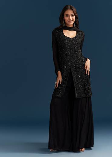 Black Chinon Palazzo Suit With Cut Dana And Sequins Work