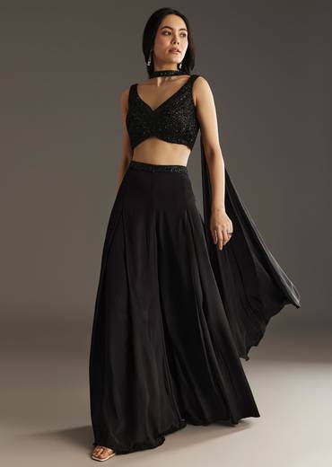 Black Crepe Embroidered Croptop With Embroidered Palazzo And Choker Dupatta