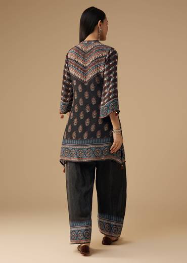 Black Crepe Indie Printed Kurta and Pant Set