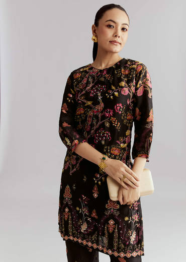 Black Crepe Printed Co Ord Set With Sequins And Beads Work