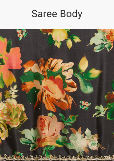 Black Crepe Saree With Floral Print And Stone Embroidery