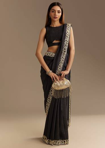 Black Crushed Tissue Saree With Scallop Border And Stone Embroidery
