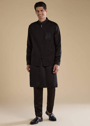 Black Cutwork Mens Jacket Kurta and Pant Set