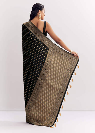 Black Dola Silk Saree With Woven Butti Work Border