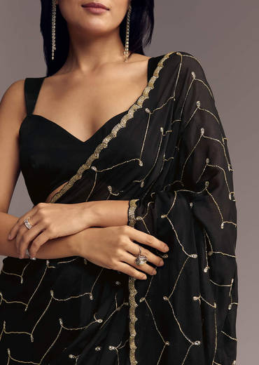 Black Embroidered Chinon Saree With Cut Dana Work