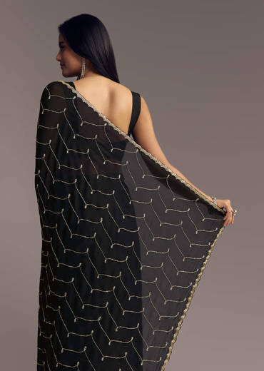 Black Embroidered Chinon Saree With Cut Dana Work