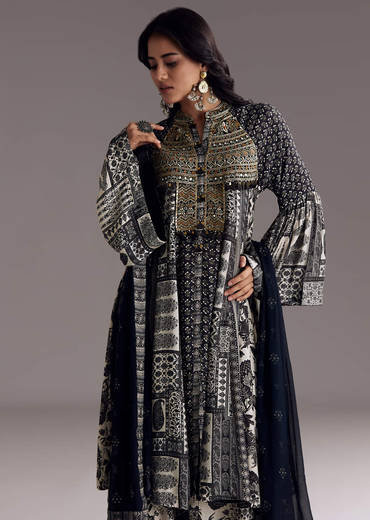 Black Mixed Print Muslin Palazzo Set With Resham Work