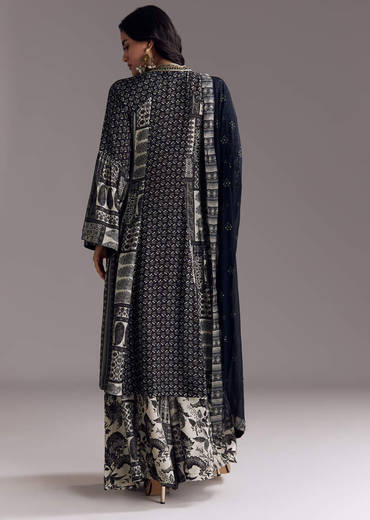 Black Mixed Print Muslin Palazzo Set With Resham Work