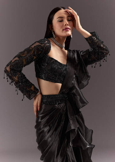 Black Frill Ready Drape Cutdana Sequin Saree With Square Neck Blouse