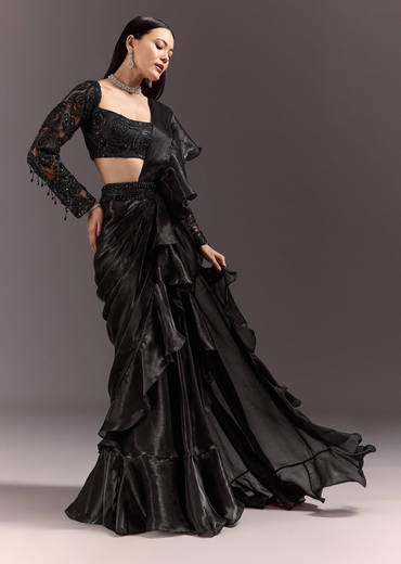 Black Frill Ready Drape Cutdana Sequin Saree With Square Neck Blouse