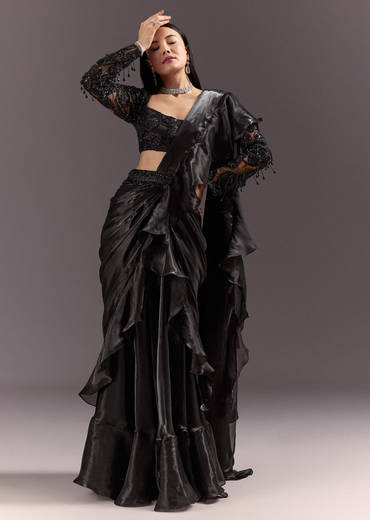 Black Frill Ready Drape Cutdana Sequin Saree With Square Neck Blouse