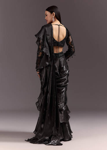 Black Frill Ready Drape Cutdana Sequin Saree With Square Neck Blouse