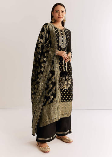Black Georgette Banarasi Kurta Set With Mirror And Cutdana Neckline