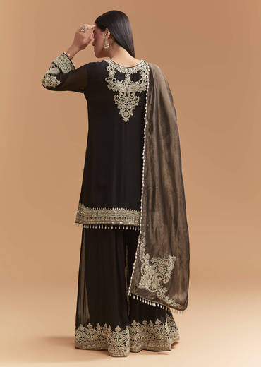 Black Georgette Palazzo Suit With Moti And Zari Work