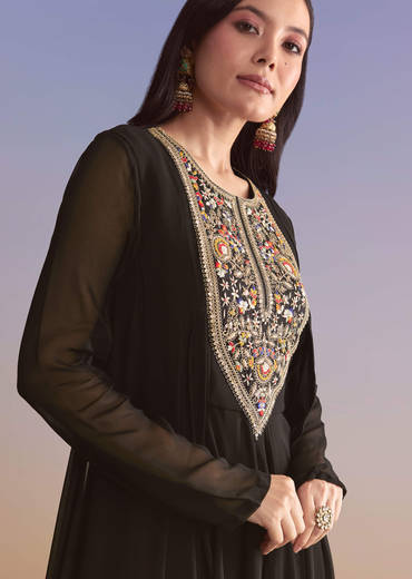 Black Georgette Palazzo Suit With Sequins And Resham Embroidery