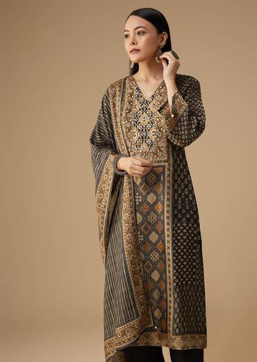 Black Indie Printed Silk Kurta Pant Set