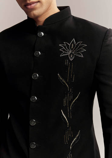 Black Indo Western For Men With Heavy Embroidery On Suiting Fabric