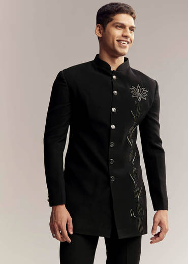 Black Indo Western For Men With Heavy Embroidery On Suiting Fabric