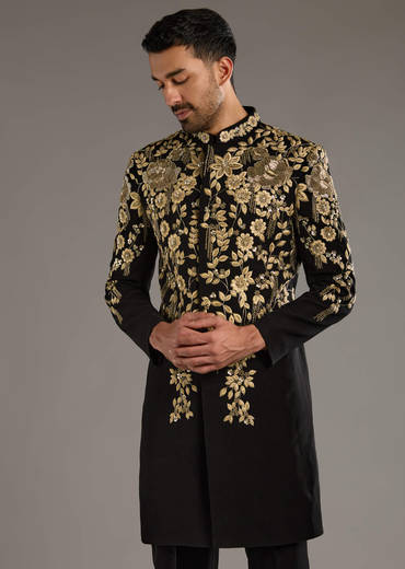Black Indo Western Set For Men With Zardosi Embroidery
