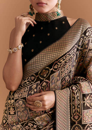 Black Khadhi Georgette Saree With Floral And Geometric Zari Work