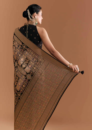 Black Khadhi Georgette Saree With Floral And Geometric Zari Work
